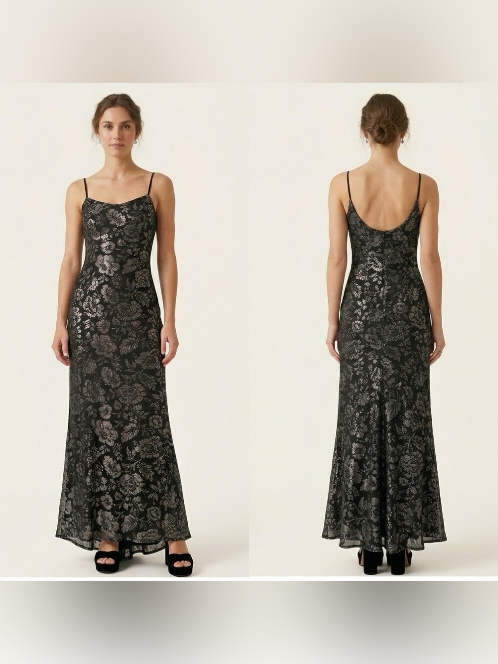 VTG 90s Jessica McClintock Gunne Sax Metallic Floral Mesh Dress Silver 7/8 S
